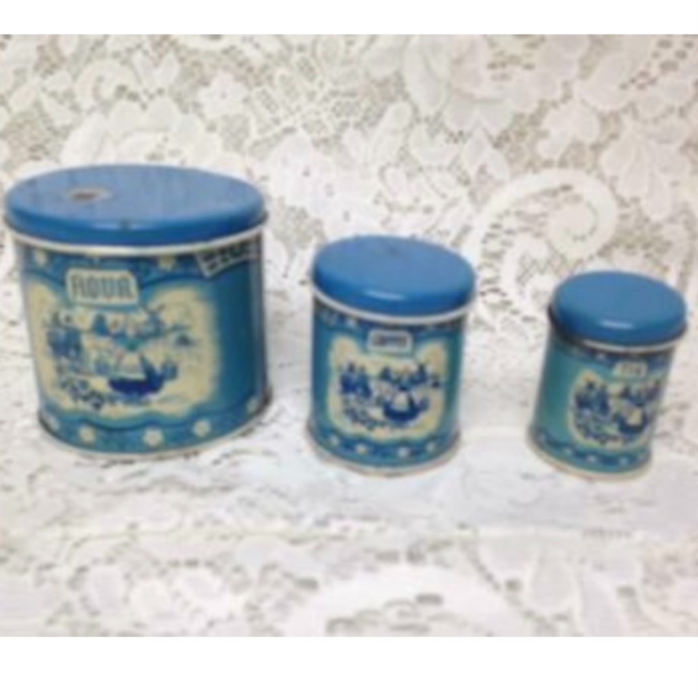 Rare 1948 Child’s Wolverine Delft 7-pc Canister Set
